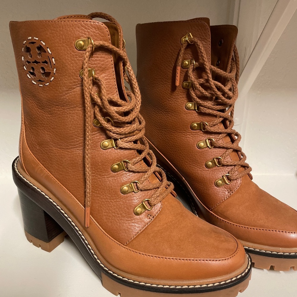 Tory Burch Tan Leather Lace-Up Block Heel Ankle Boots